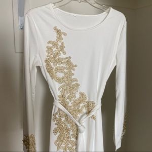NWOT white & gold embroidered maxi dress with belt